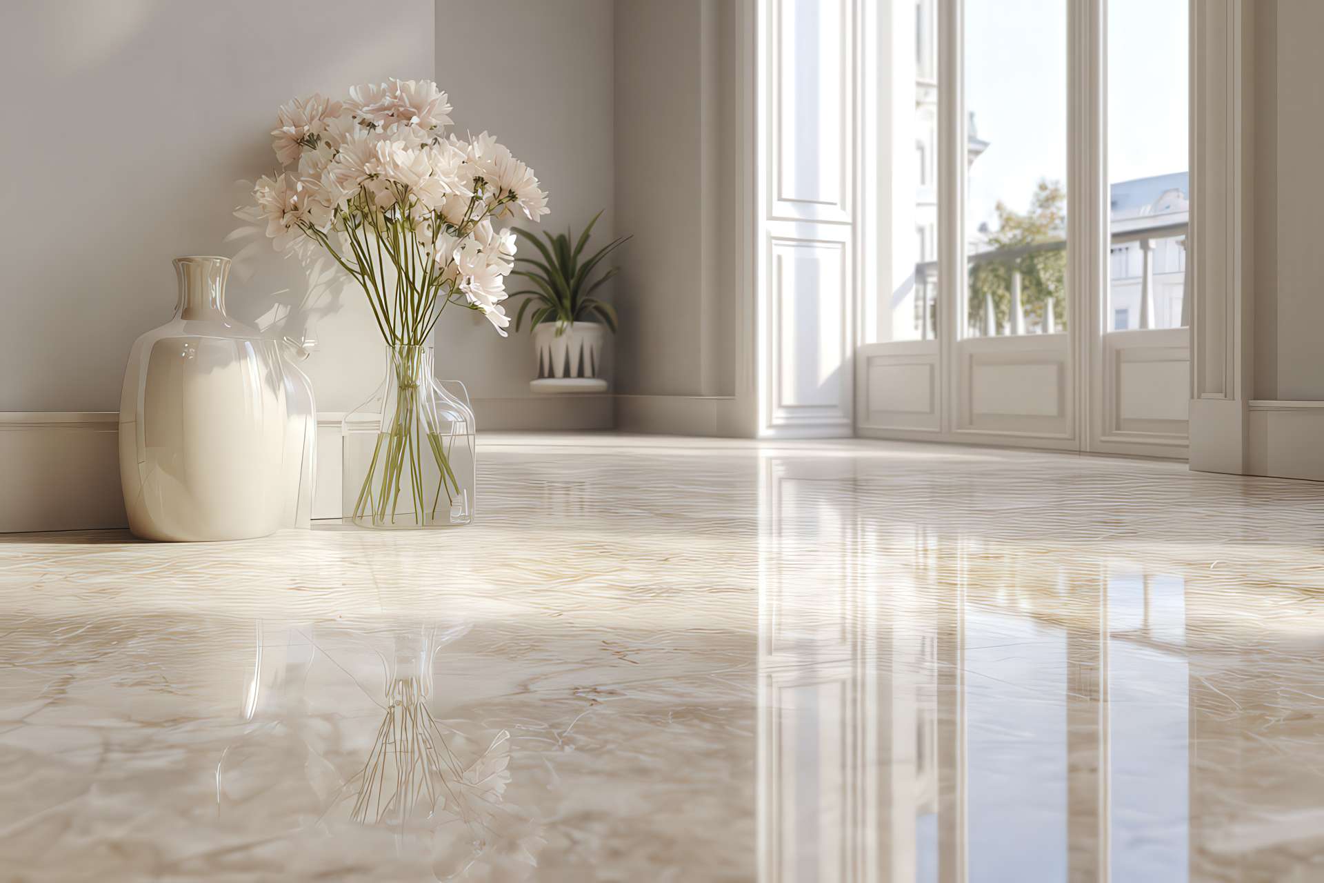 Pavimento in marmo lucido perfettamente pulito e protetto