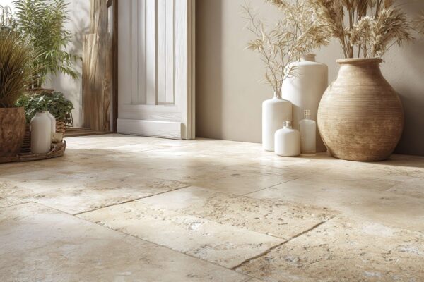 Pavimento in marmo rustico da interno pulito e trattato con cura