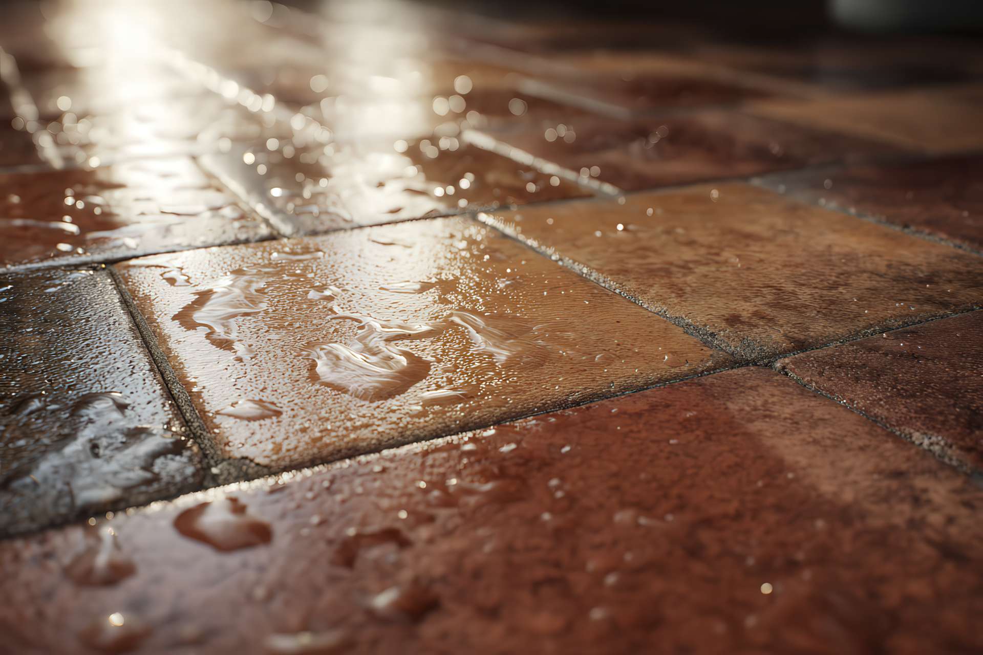 Pioggia su pavimentazione in cotto trattato che respinge le gocce