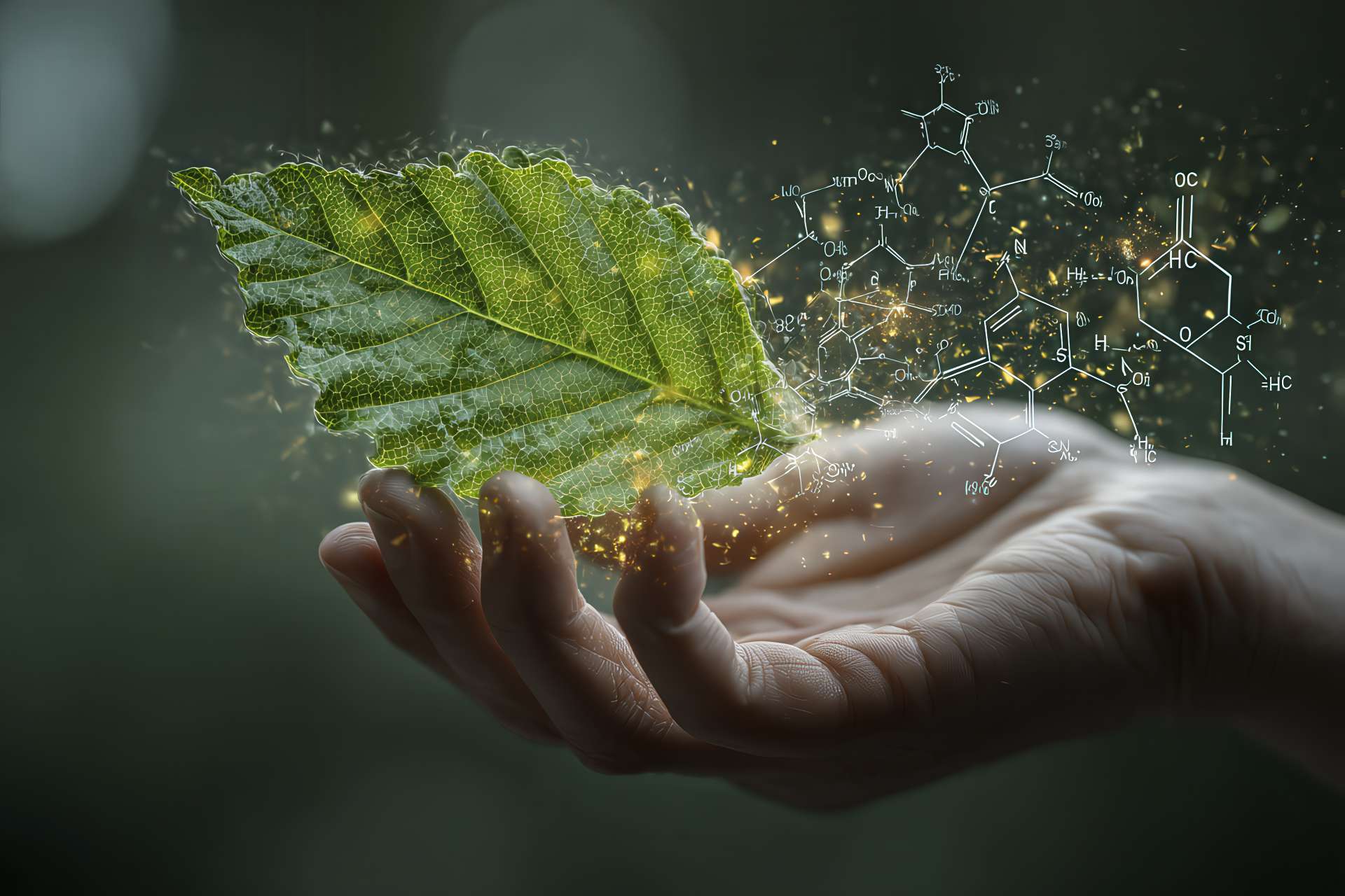 Mano di scienziato che sorregge una foglia con strutture molecolari
