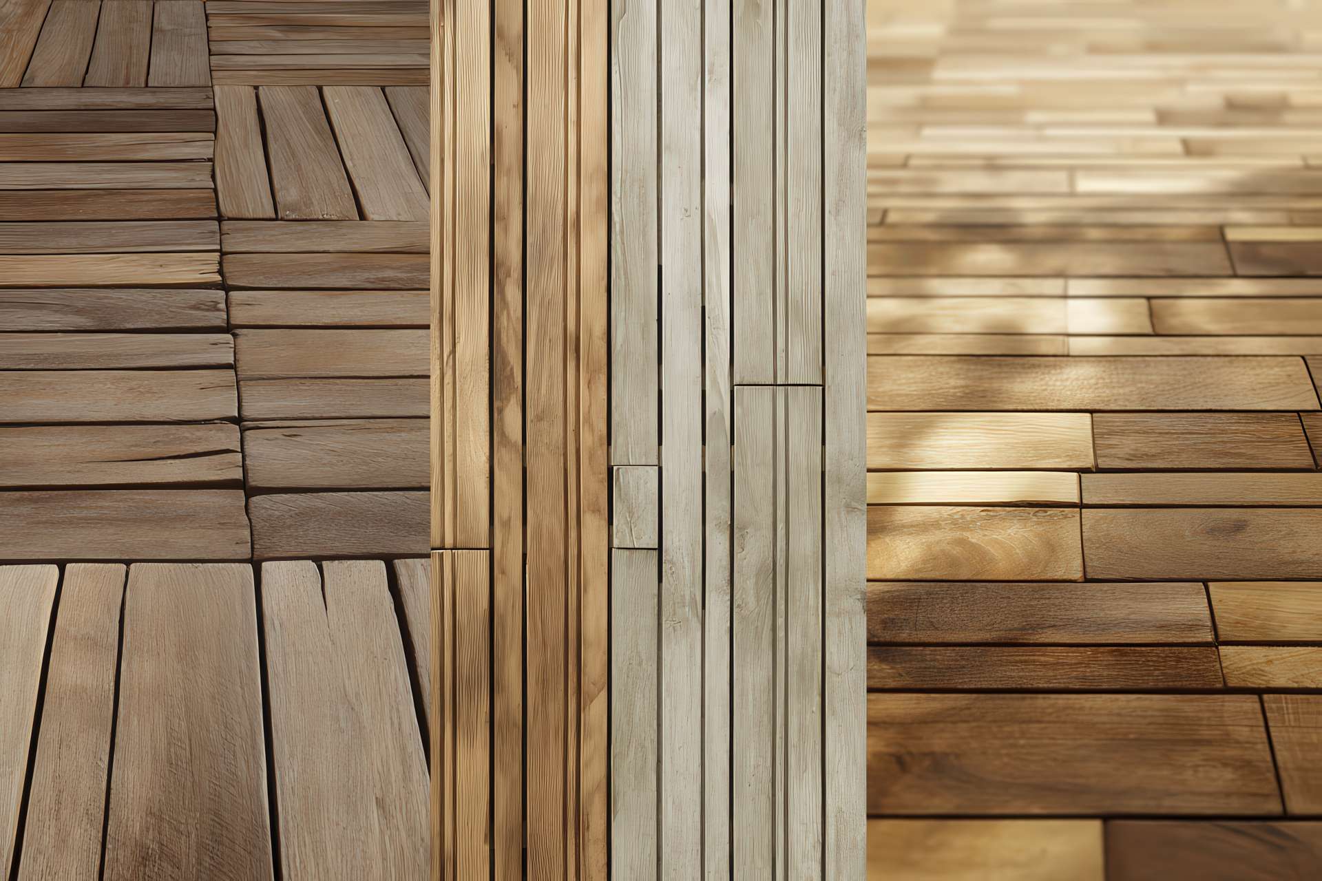 Collage con tre superfici in legno: decking, parquet oliato, parquet verniciato