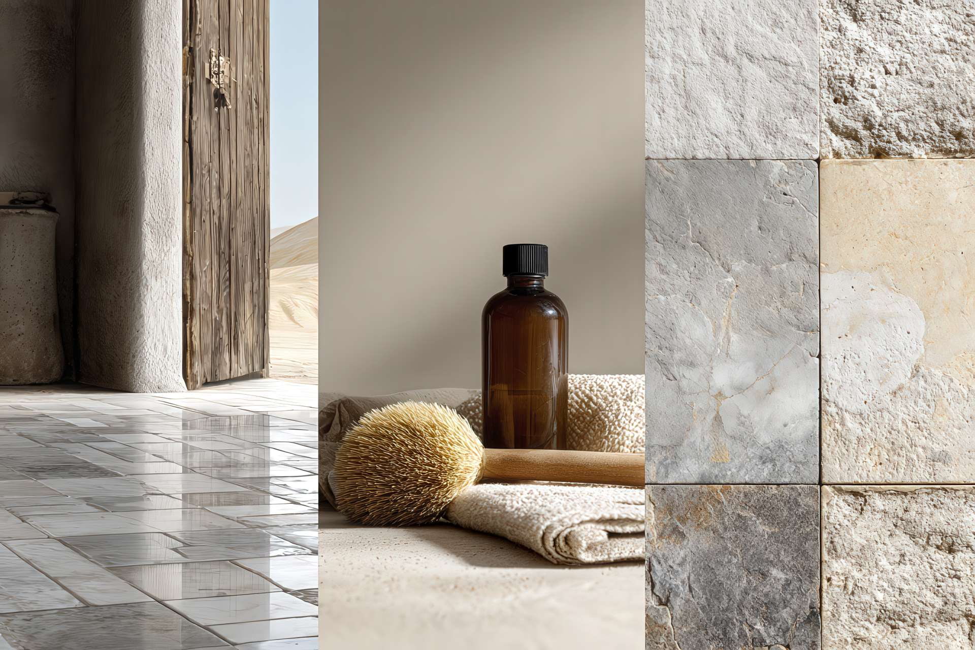 Collage di ambienti in marmo: interni lucidi, rustici e da esterno