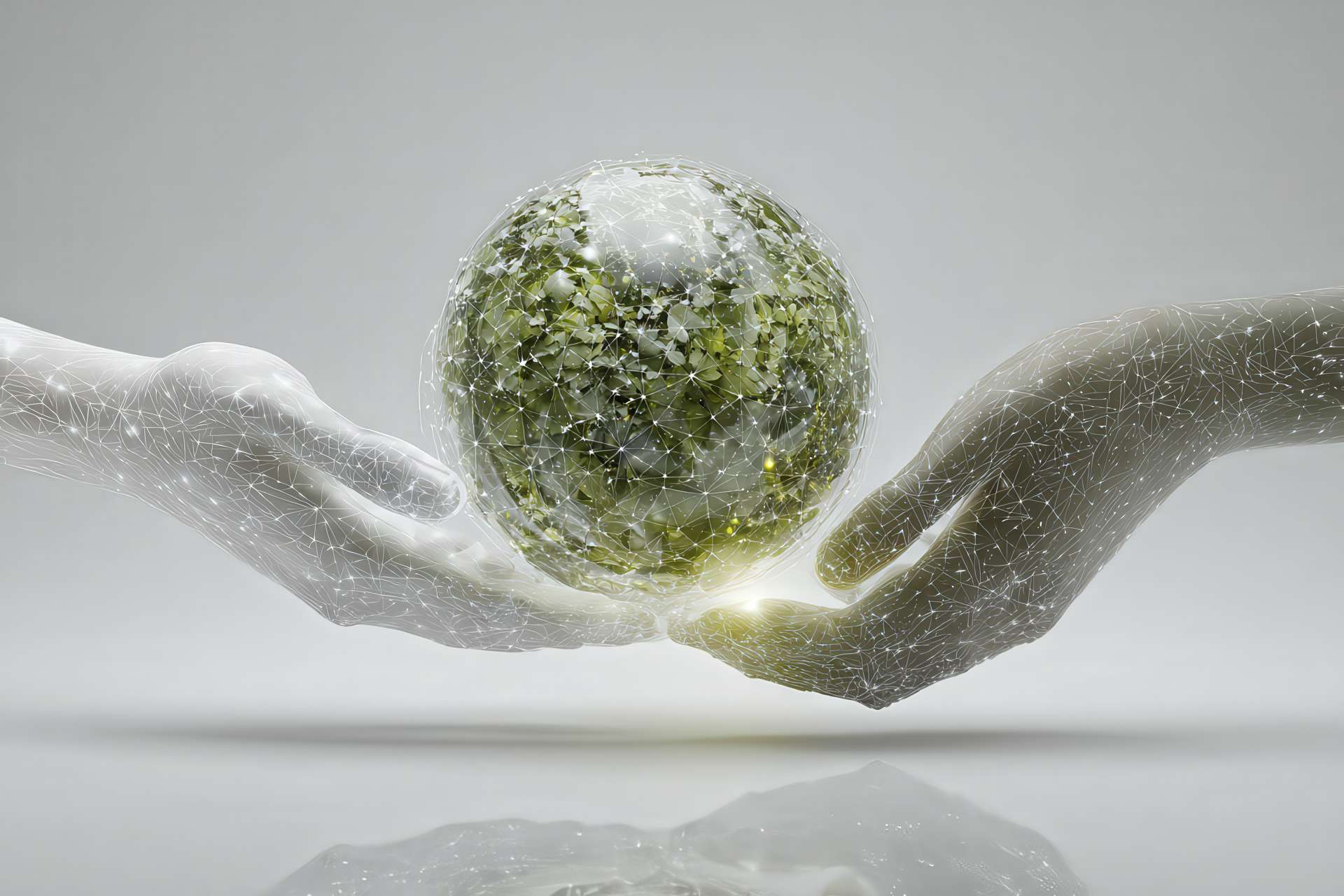Due mani che sostengono una sfera fatta di luce, foglie e molecole