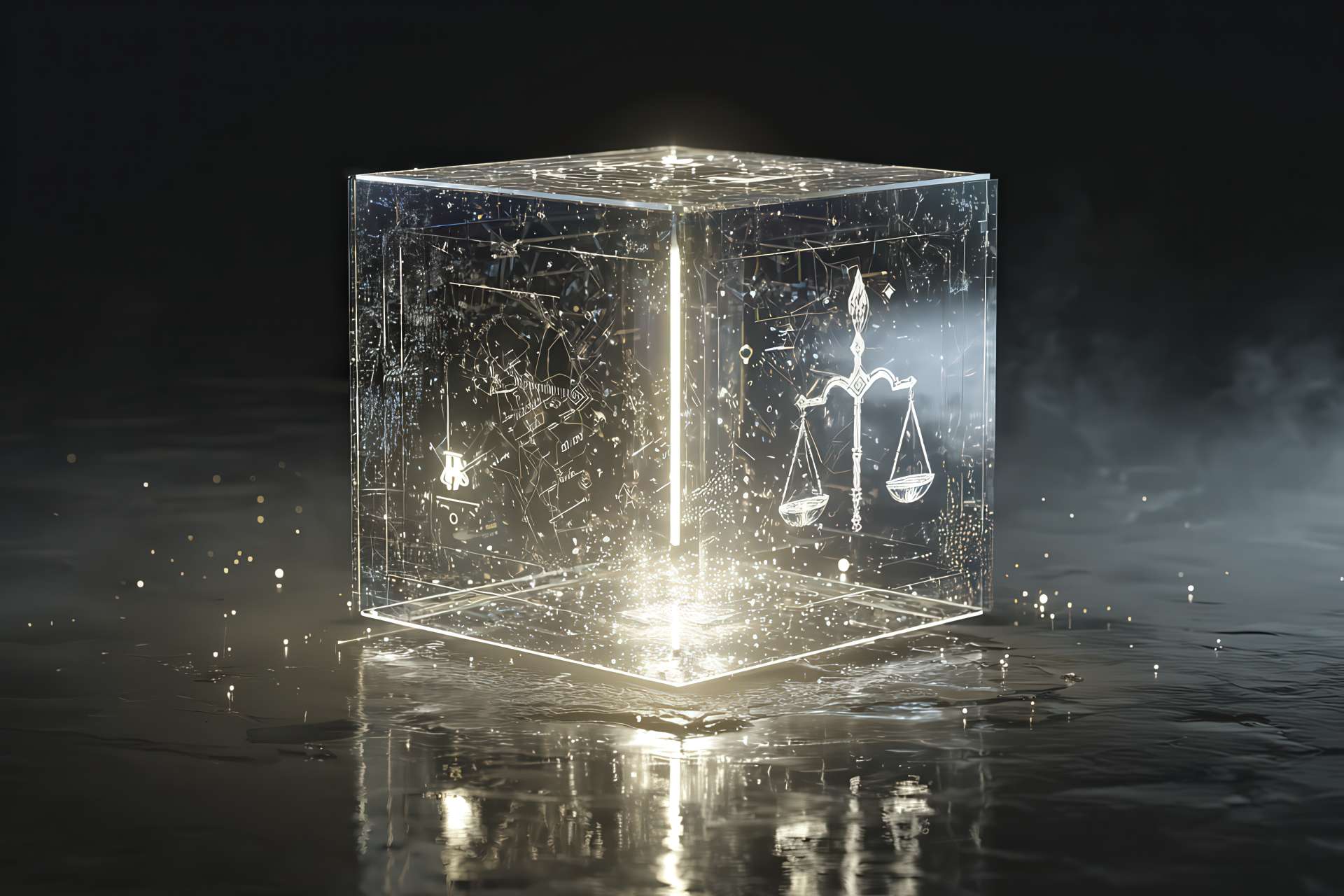 Cubo trasparente sospeso nell’aria con formule e simboli etici incisi