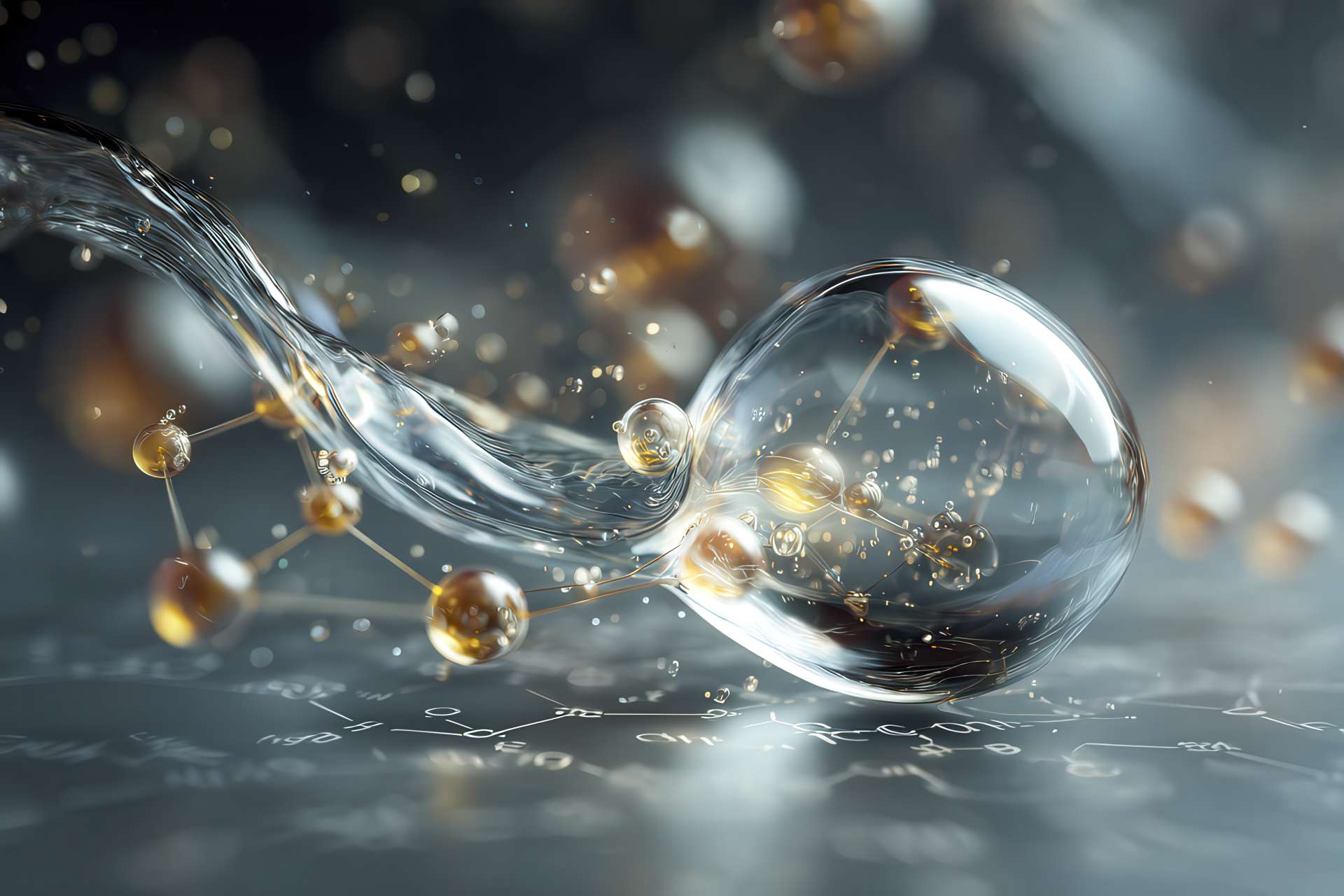 Goccia trasparente che si fonde con un’altra sostanza circondata da strutture molecolari