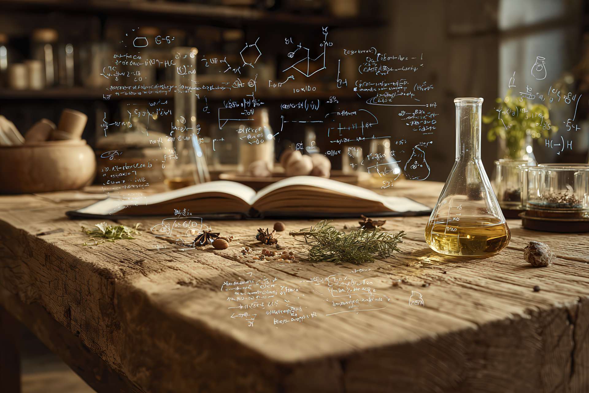 Banco da laboratorio con ingredienti naturali, beute e simboli ecologici