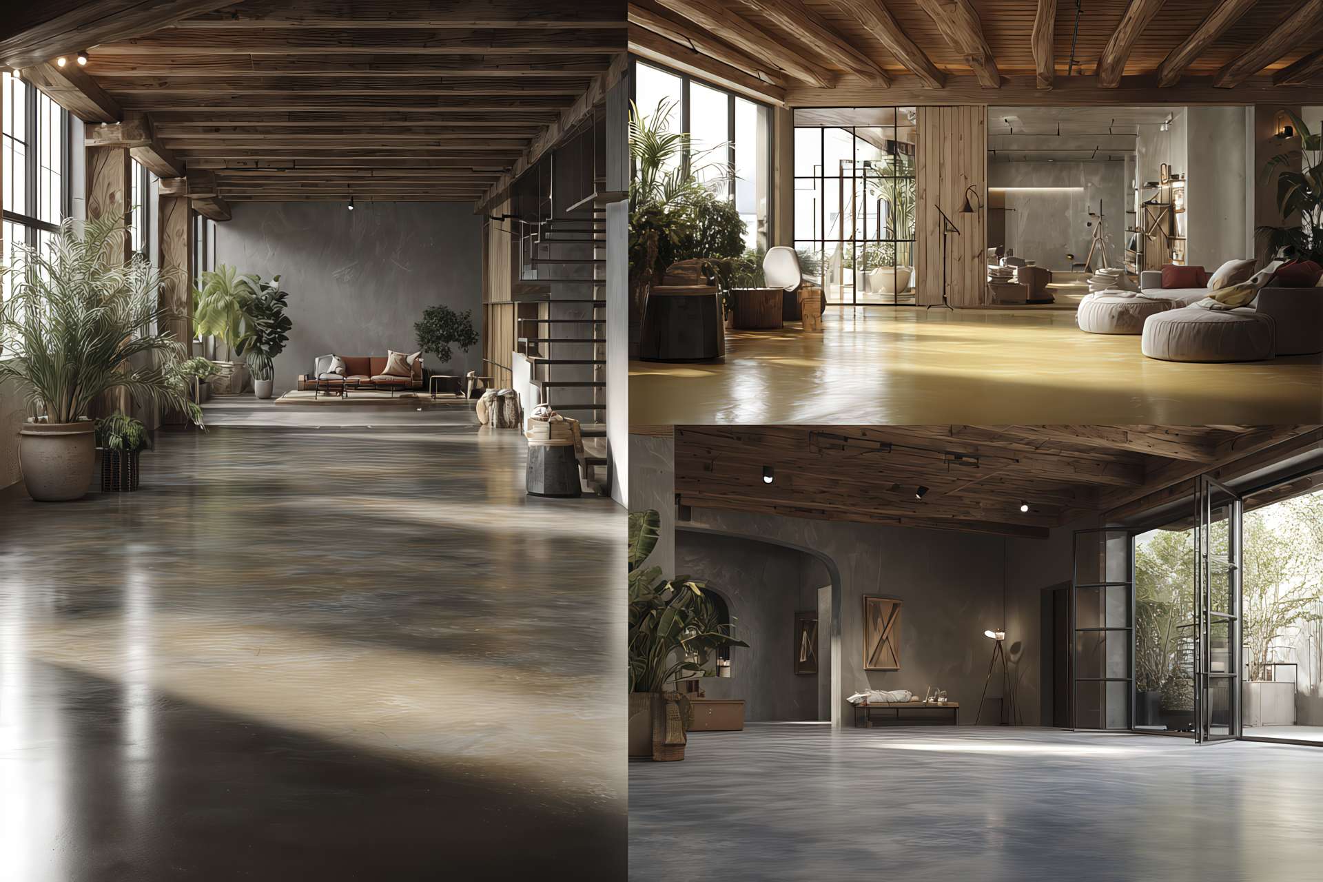 Panoramica superfici in cemento e resina con prodotti di manutenzione