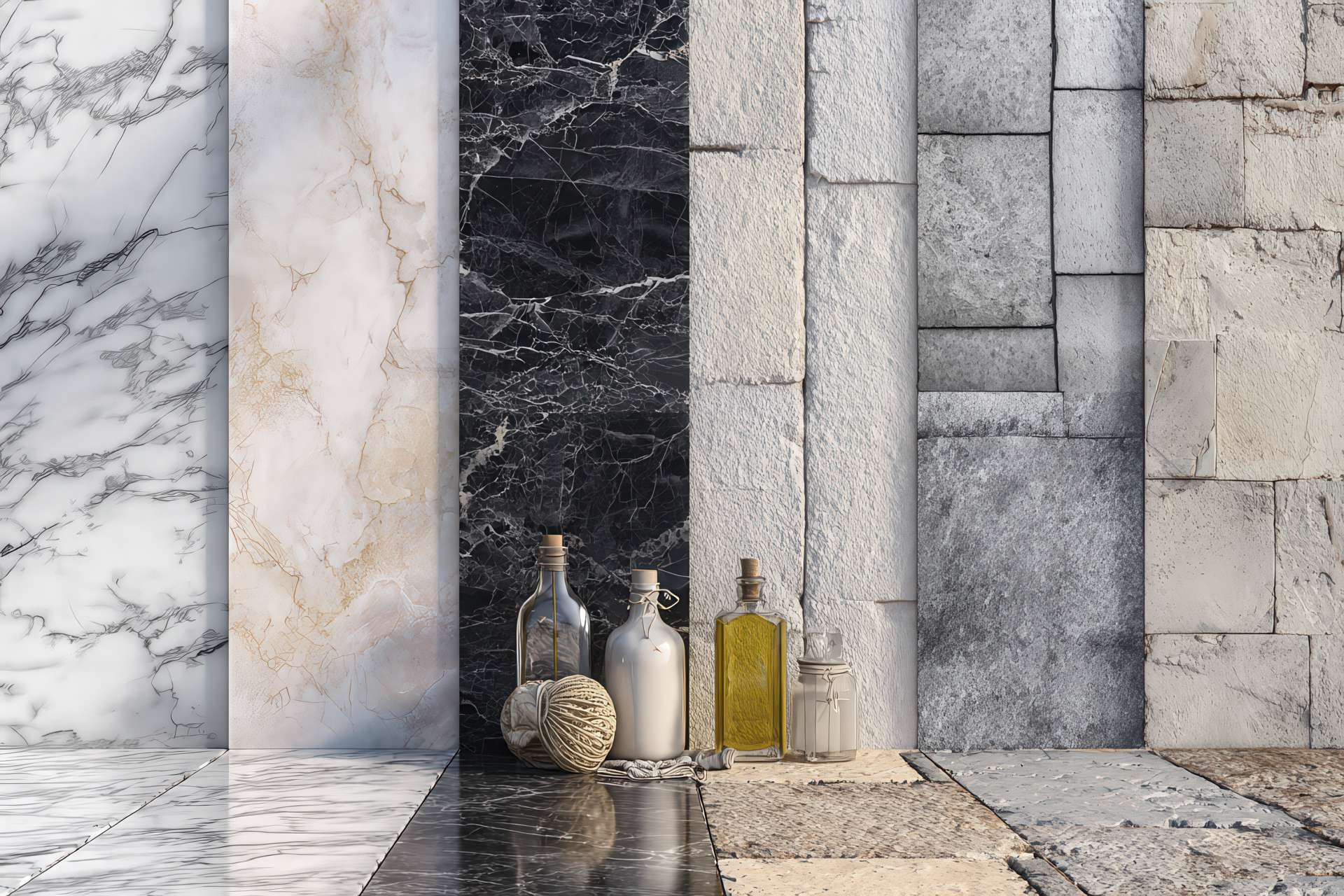 Collage top-down con superfici in marmo lucido, rustico e da esterno