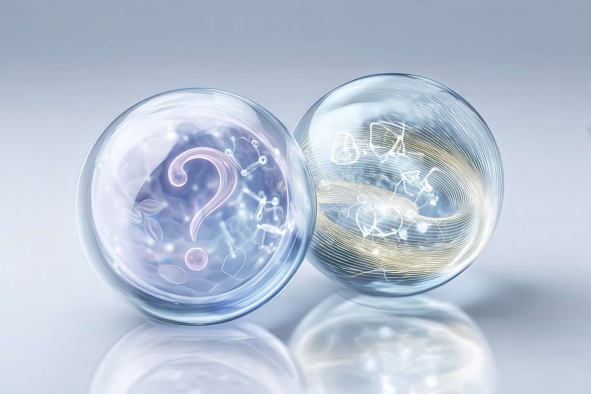 Due sfere che si fondono, una con simboli di domande e l’altra che emana luce