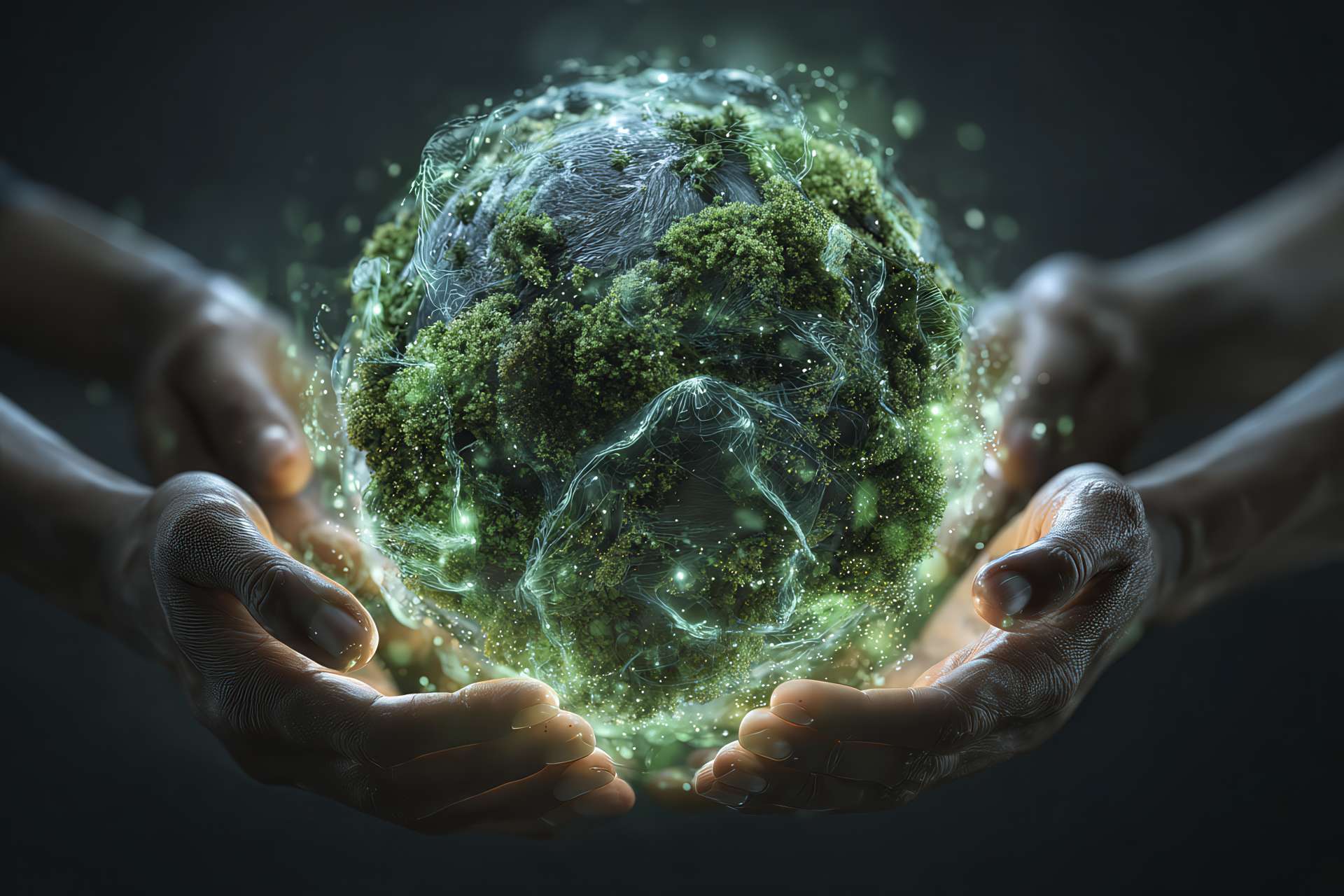Sfera luminosa con elementi naturali e chimici sorretta da mani umane