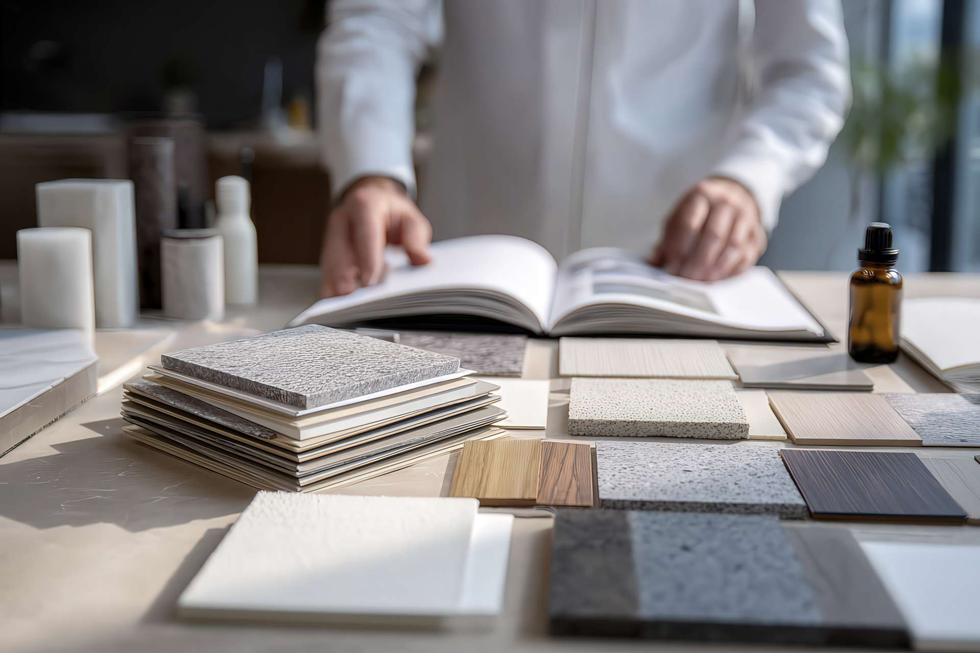 Manuali aperti con campioni di superficie e prodotti chimici accanto