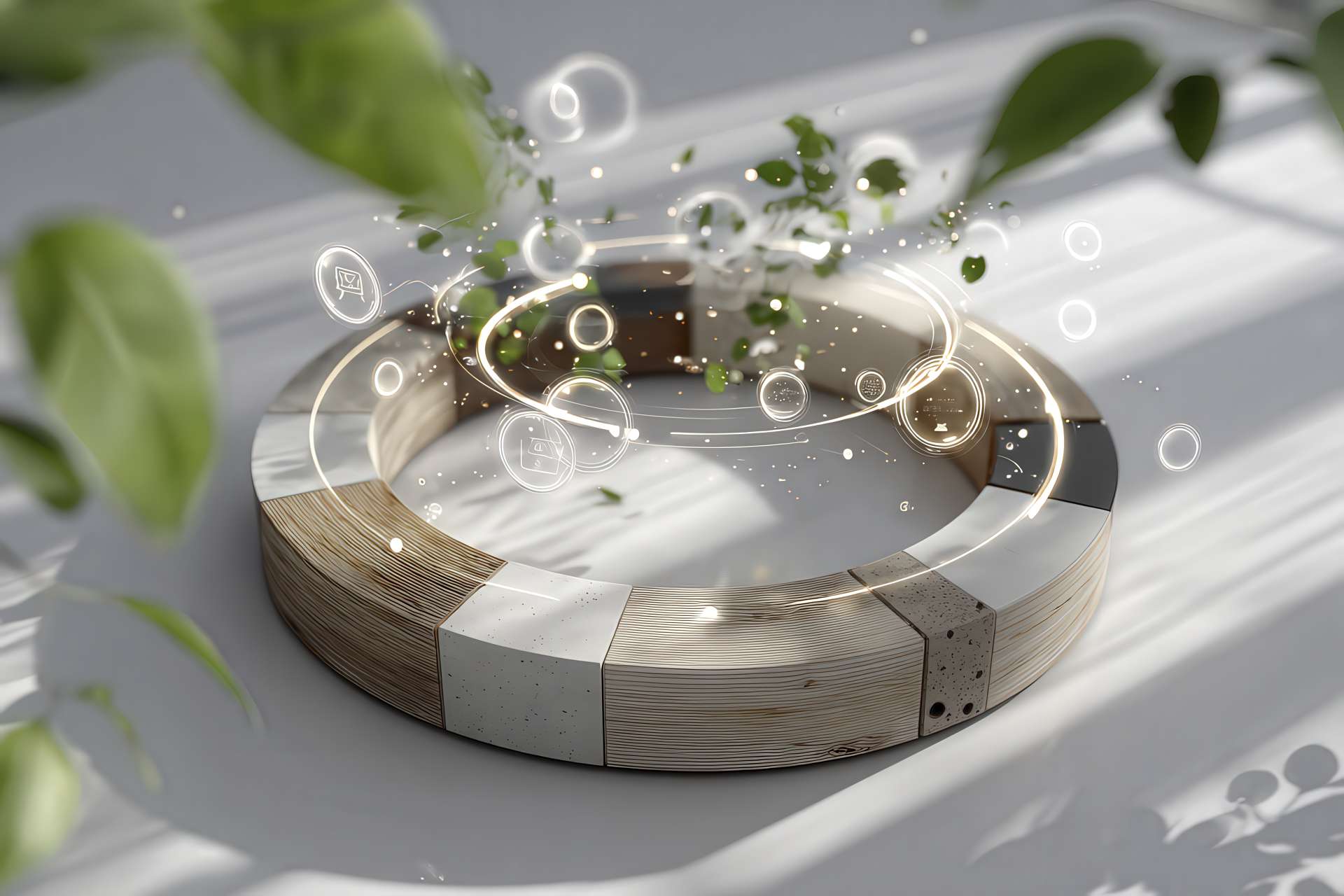 Interfaccia circolare con icone di materiali e simboli eco