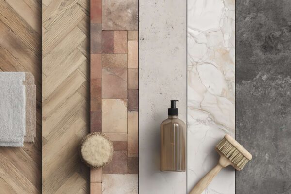 Vista zenitale di 5 superfici miste: legno, gres, cotto, cemento, marmo