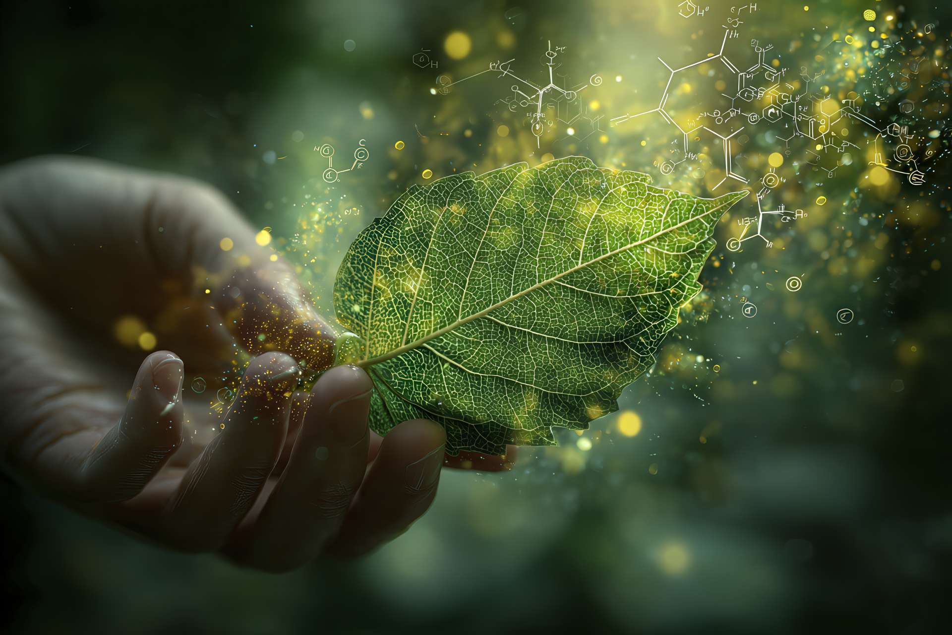 Mano che sostiene una foglia con formule chimiche luminose