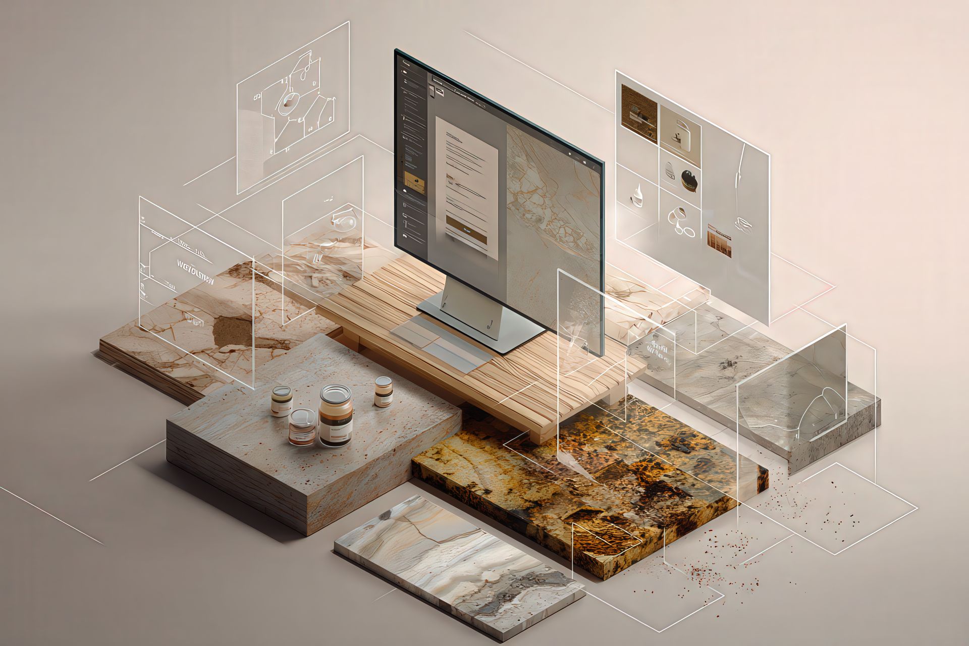 Schermata digitale con superfici trattate e contenitori ecologici