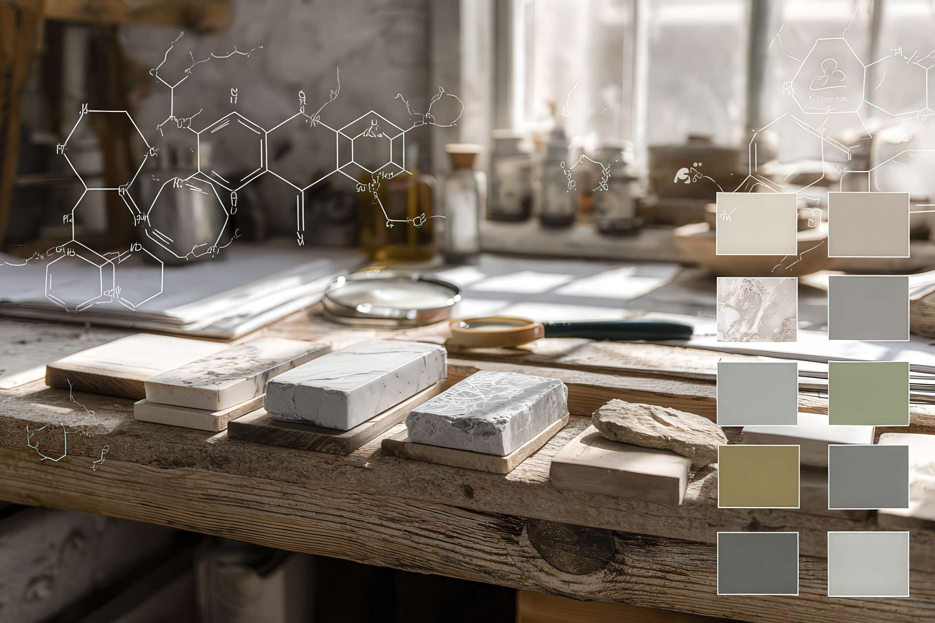 Banco da lavoro con materiali naturali e simboli ecologici