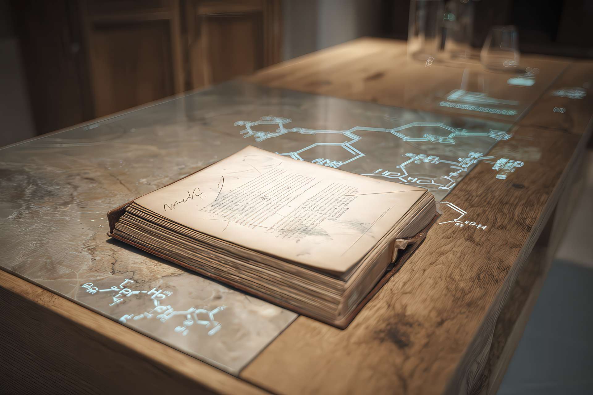 Scrivania con cartella aperta e simboli di trasparenza