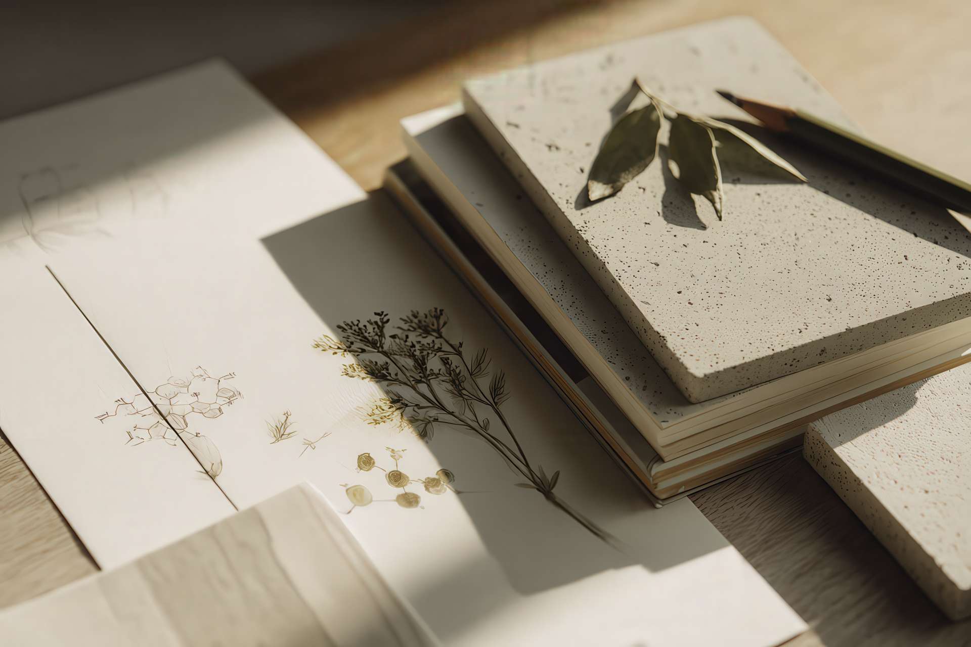 Tavolo materico con appunti e foglia botanica